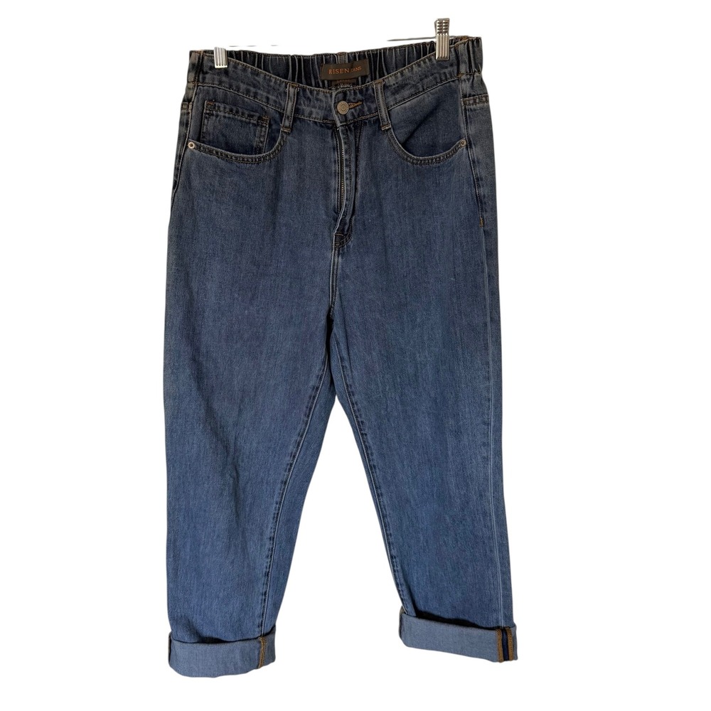 Risen Jeans Mom Jeans Women Large Blue‎ Excellent Elastic Back High Rise Cuffed